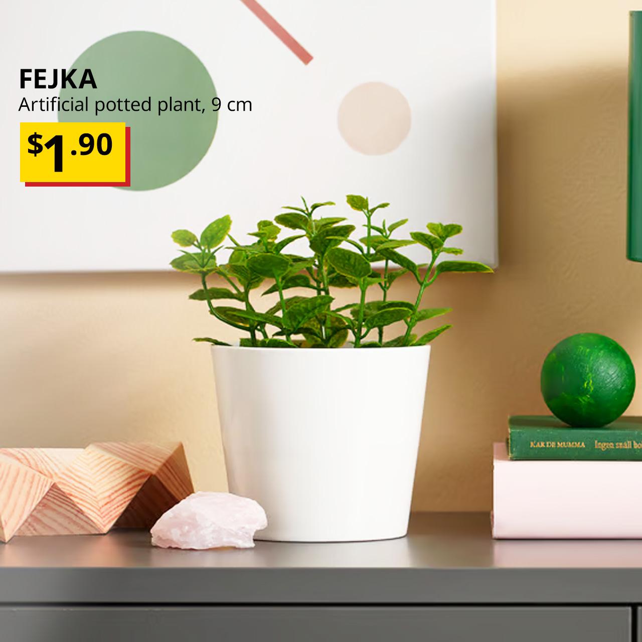 Low price product. FEJKA Artificial potted plant, in/outdoor Mint, 9 cm. $1.90