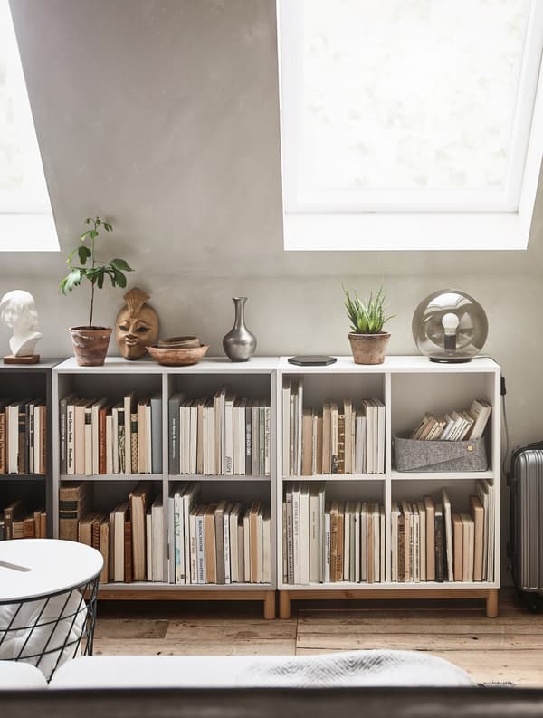 Low shelves are filled with books and hold decorative items and plants on top.
