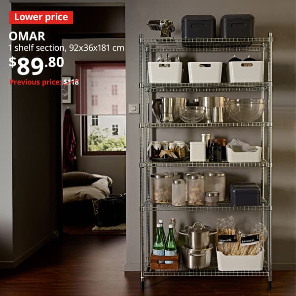 Lower price tag in red. A OMAR shelving is placed in a kitchen setting with cookware & bakeware stored on shelvings. Price $89.80. Previous price with red slash: $118.