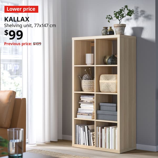 Lower price tag in red. ENHET high frame with shelves in white in kitchen setting. Price $95. Previous price with red slash: $120.