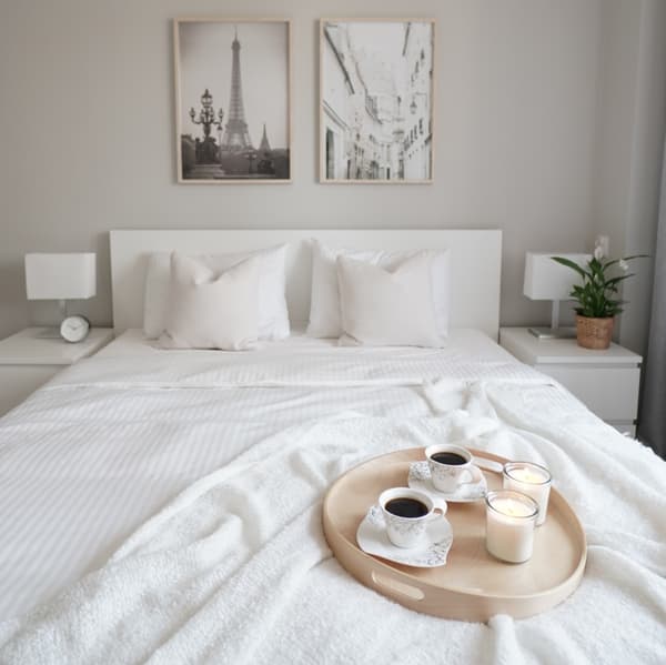 Łóżko zbiała pościelą i narzutą. Na materacu stoi okrągła, brzozowa taca z filiżankami kawy i świecami zapachowymi.