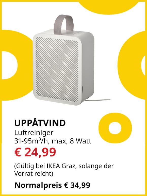 Luftreiniger Uppatvind, 31 bis 95m³, max. 8 W, statt € 34,99 um € 24,99.