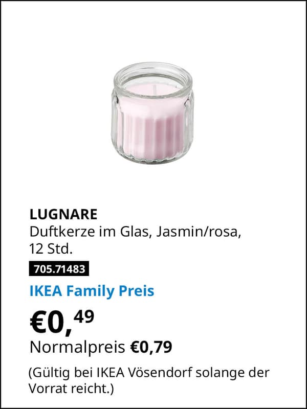 LUGNARE Duftkerze im Glas, JAsmin/rosa 12 Stunden statt € 0,79 zum IKEA Family Preis von € 0,49