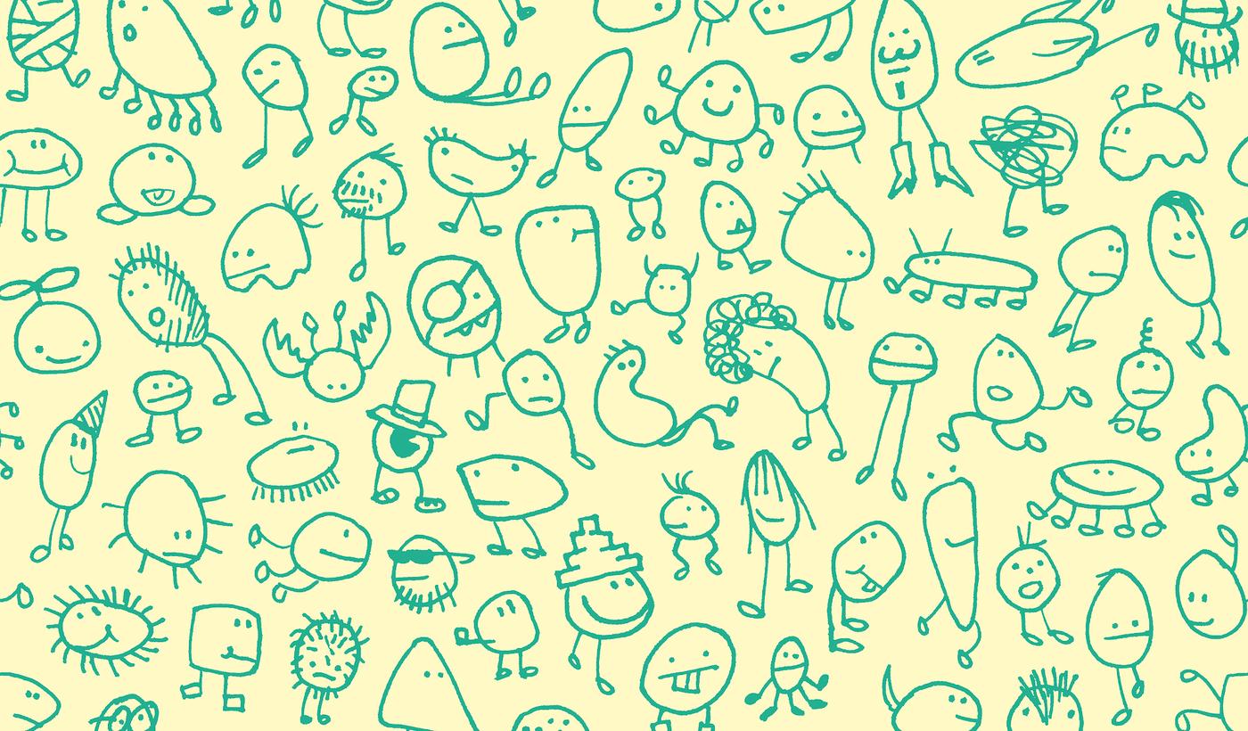 Lukisan makhluk fantasi berwarna hijau yang lucu pada latar belakang berwarna kuning yang dilukis oleh kanak-kanak.