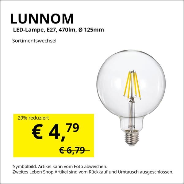 Lunnom LED Lampe, E27, 470lm, Durchmesser 125 mm, statt  € 6,79 um € 4,79.