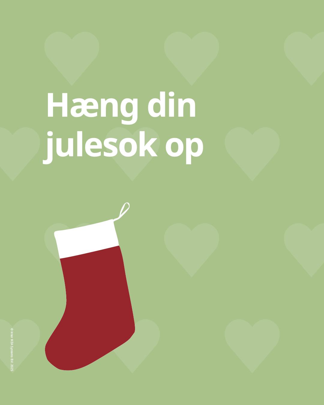 Lysegrøn baggrund med hjerter og en rød julesok med hvid kant