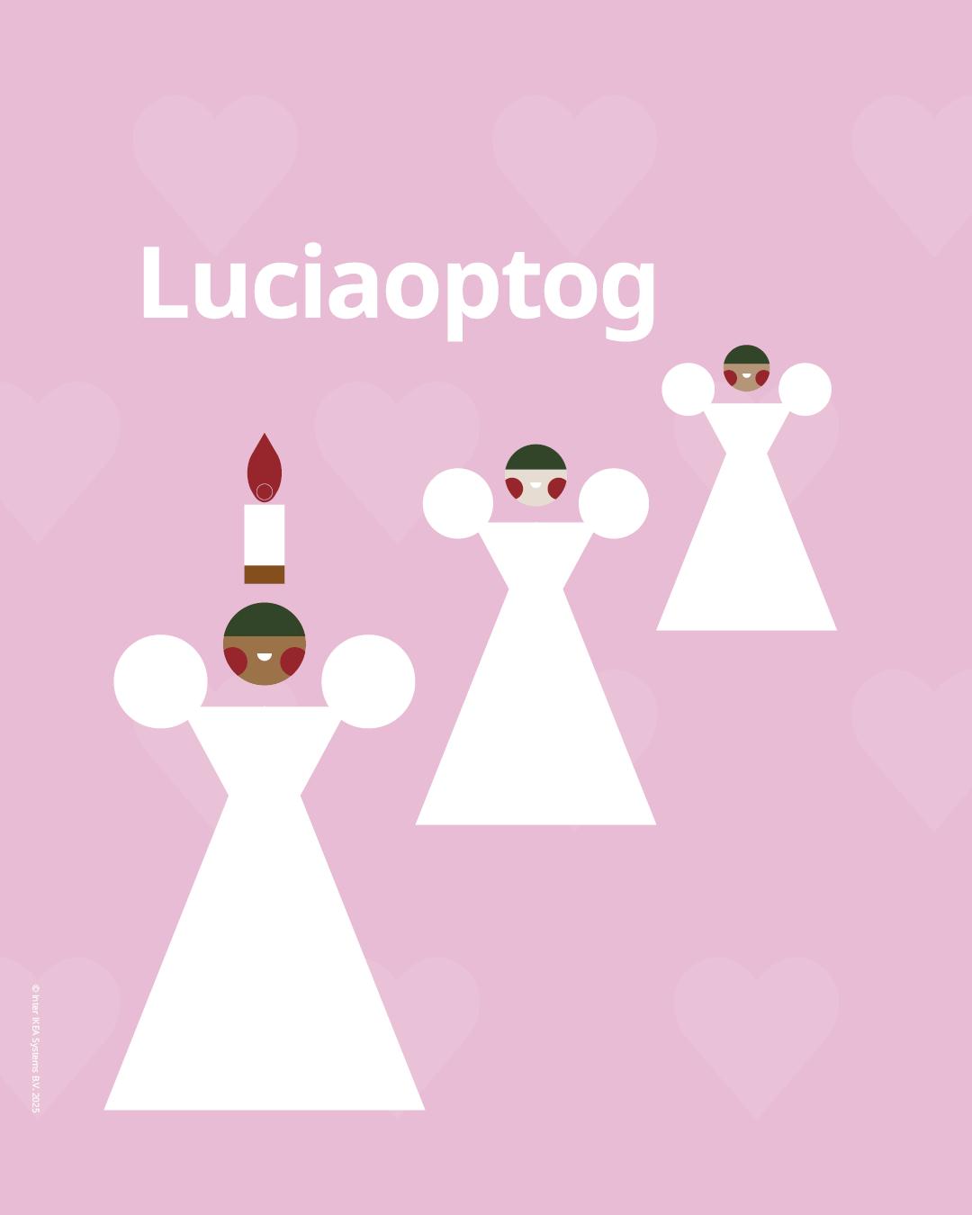 Lyserød baggrund med 3 lucia figurer i hvide kjoler