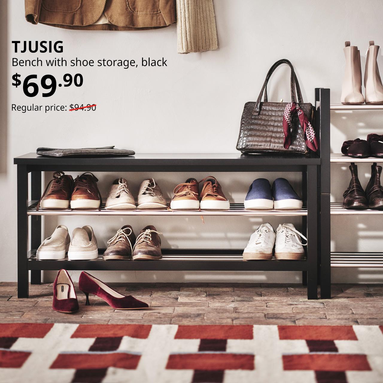 Main entrance features TJUSIG bench with shoe storage, black, 108x34x50 cm. Price: $69.90. Regular price: $94.90.