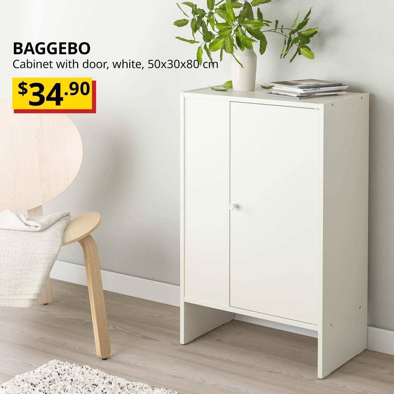 Main entrance features white IKEA BAGGEBO cabinet with door. Price: $34.90