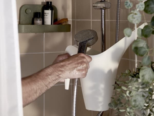 Main tenant un pommeau de douche et remplissant un arrosoir.