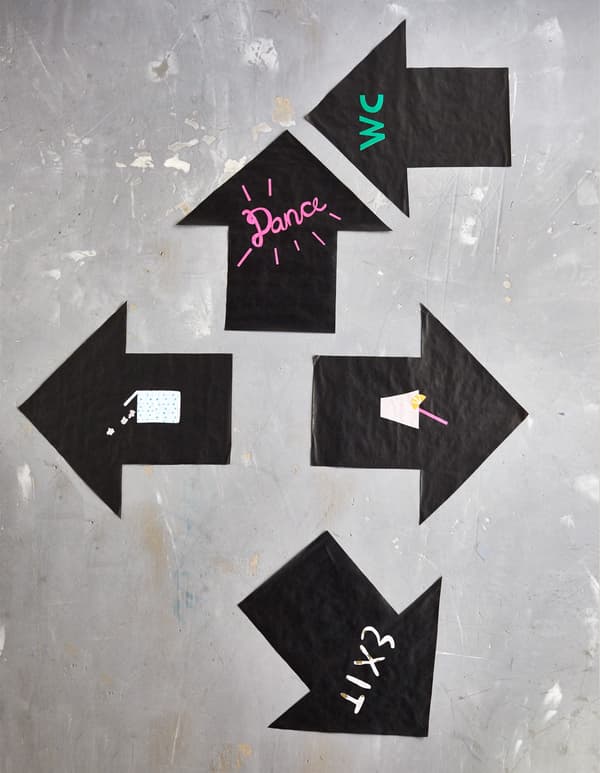 Make use of all the available space by taping graphic arrows to the floor, pointing revellers in the right direction.