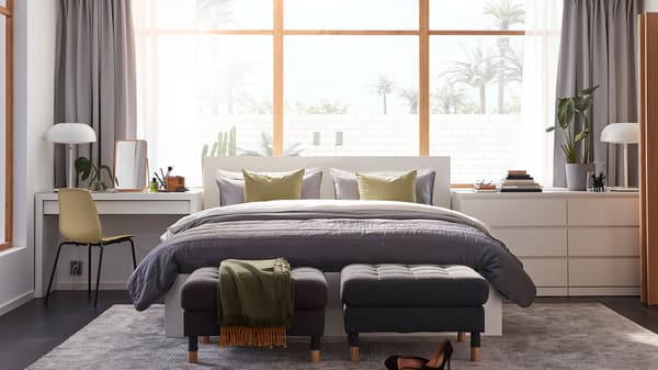 MALM bed frame, MALM chest of drawers, MALM bedside table.