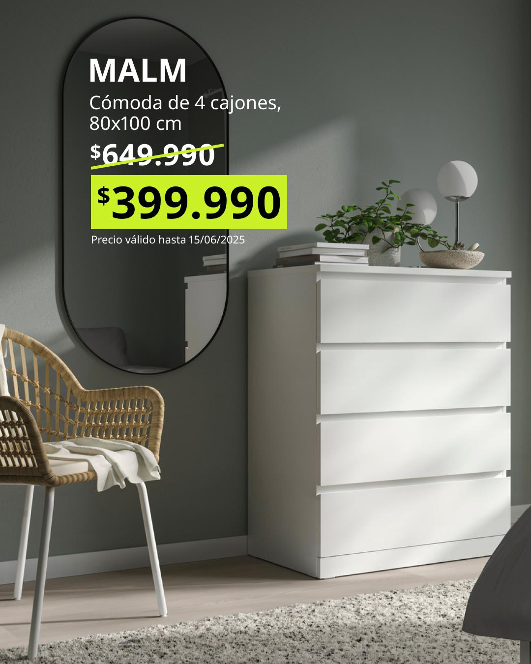 MALM cómoda blanca de 4 cajones 80x100 cm, líneas simples y fácil integración en cualquier dormitorio