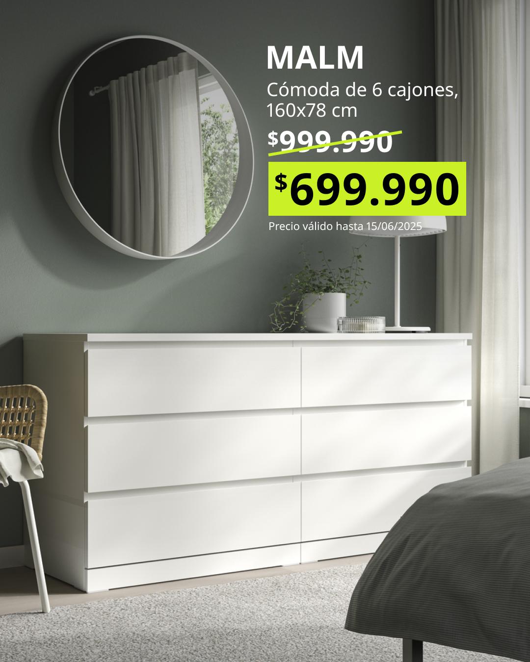 MALM cómoda blanca de 6 cajones 160x78 cm, diseño minimalista con gran capacidad de almacenaje para dormitorio moderno