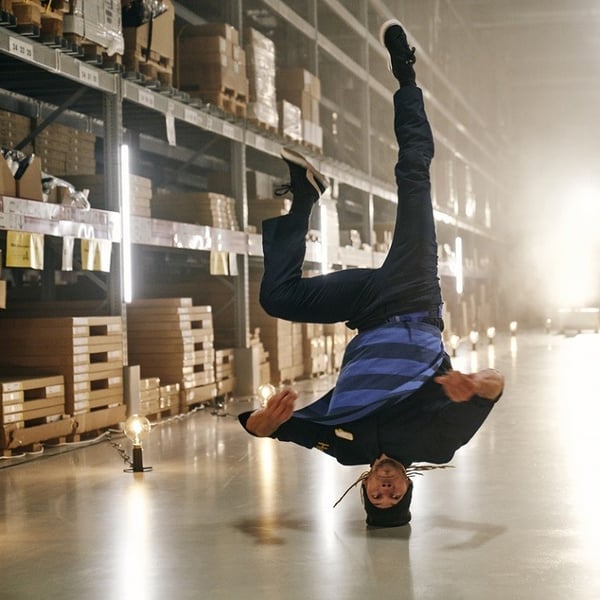 Man is standing on his head in self serve area