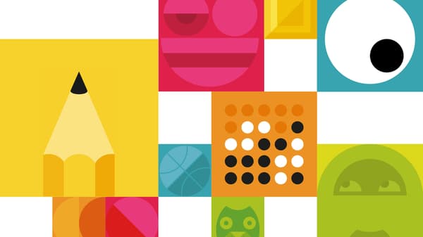 Many colourful, illustrated squares with graphic icons symbolising the themes of the IKEA Let’s Play campaign.
