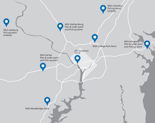 map of all the IKEA locations in and around Washington DC