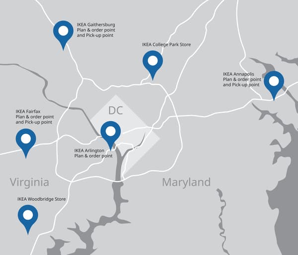 Map of IKEA locations in the Washington DC area.