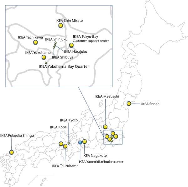 Map of Japan showing IKEA store and distribution center locations, with a zoomed-in view highlighting the Kanto region.