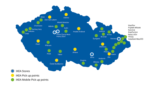 Map of pick up points in Czech Republic.