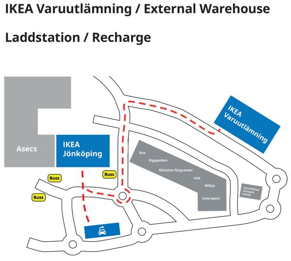 Map showing the way to IKEA Jönköping goods pick-up.
