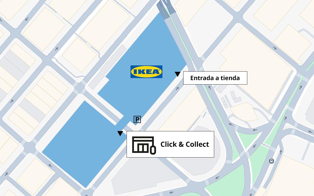 Mapa que detalla la ubicación de la tienda IKEA. Se señalan la entrada principal y el punto de recogida Click & Collect, destacando las rutas de acceso.