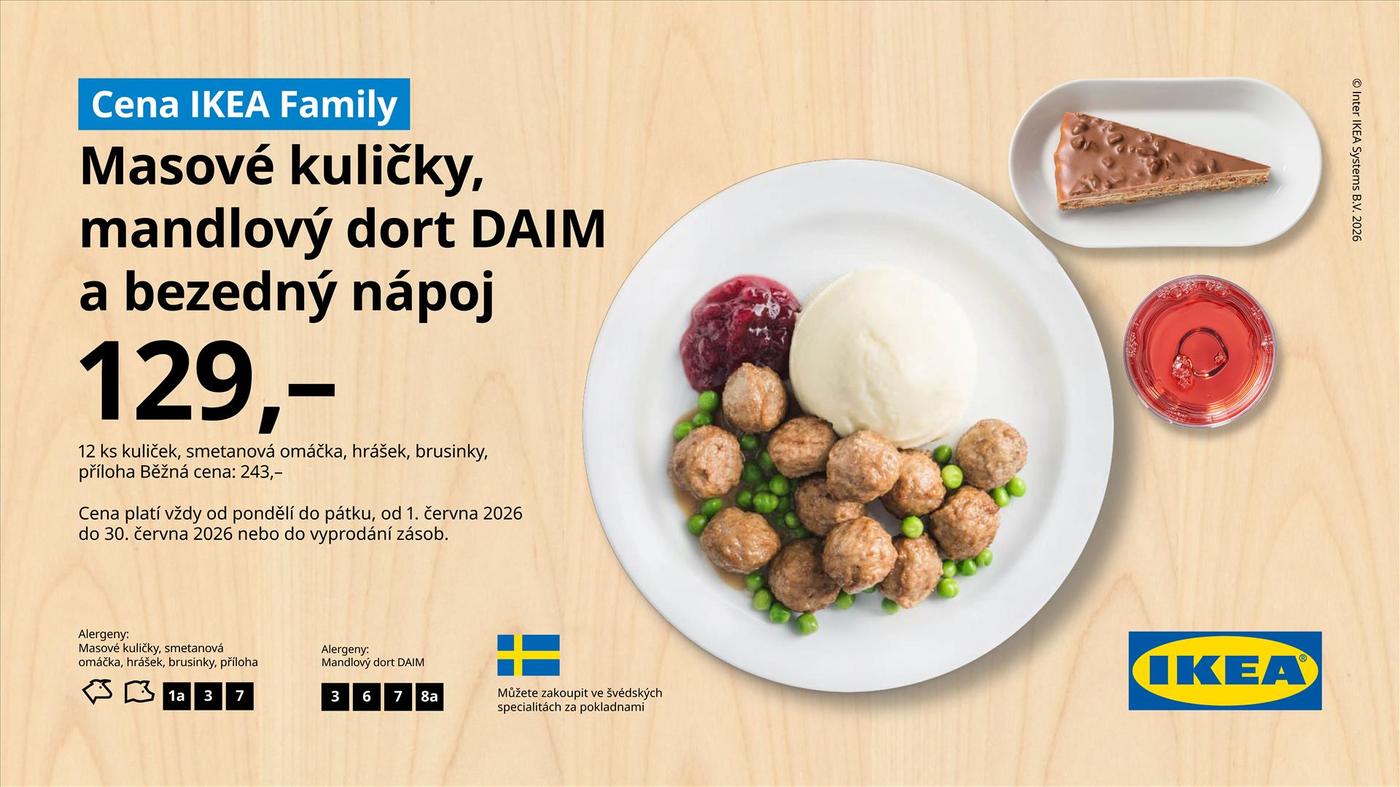 masové kuličky, dort, nápoj
