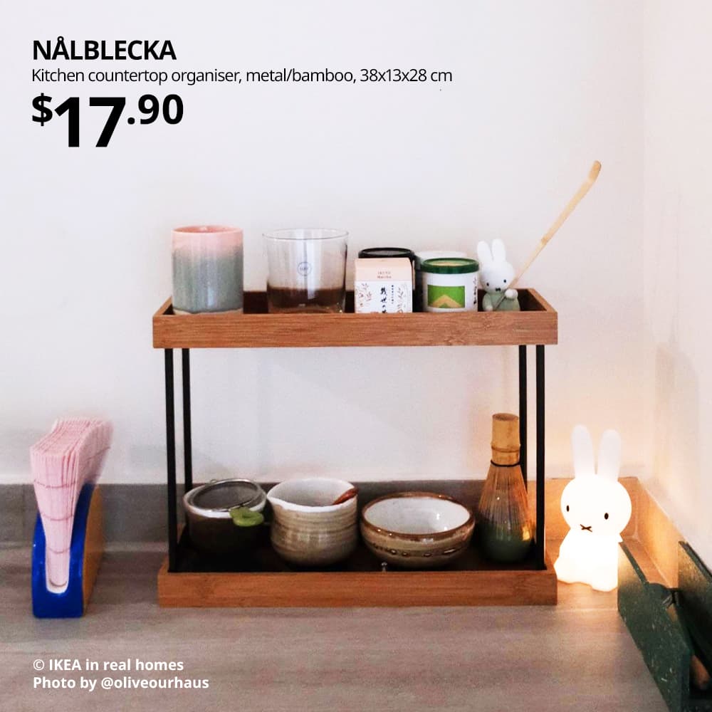 Matcha whisk, matcha chawan, matcha powder tins on NÅLBLECKA Kitchen countertop organiser, metal/bamboo, 38x13x28 cm. Price: $17.90.