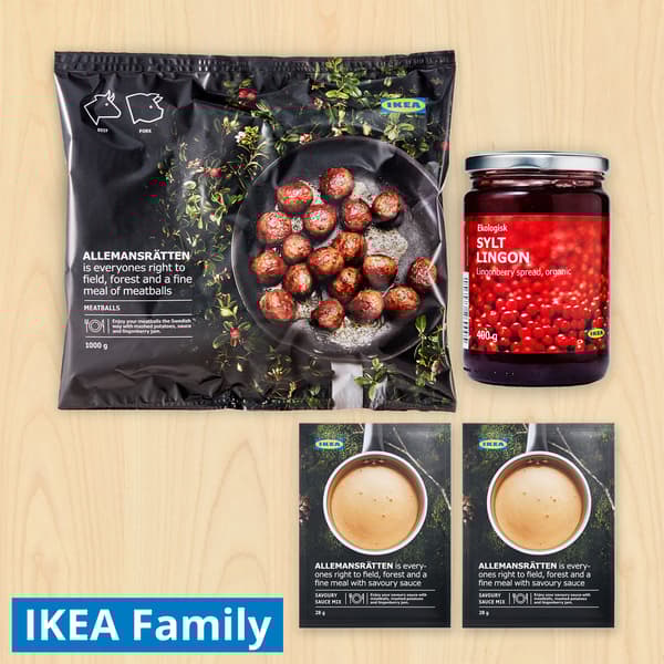 Meatballs, 1kg; 2 boxes of cream sauce mix, 28g; Lingonberry jam, 400g