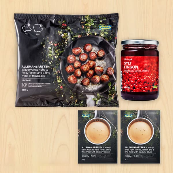 Meatballs, 1kg; 2 boxes of cream sauce mix, 28g; Lingonberry jam, 400g