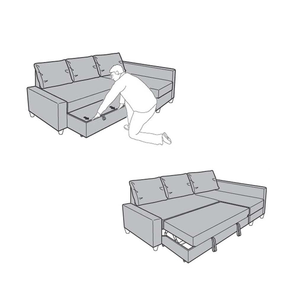 Meccanismo a cassettone di un divano letto con una persona stilizzata.