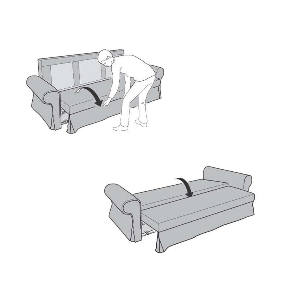 Meccanismo a libro di un divano letto con una persona stilizzata.