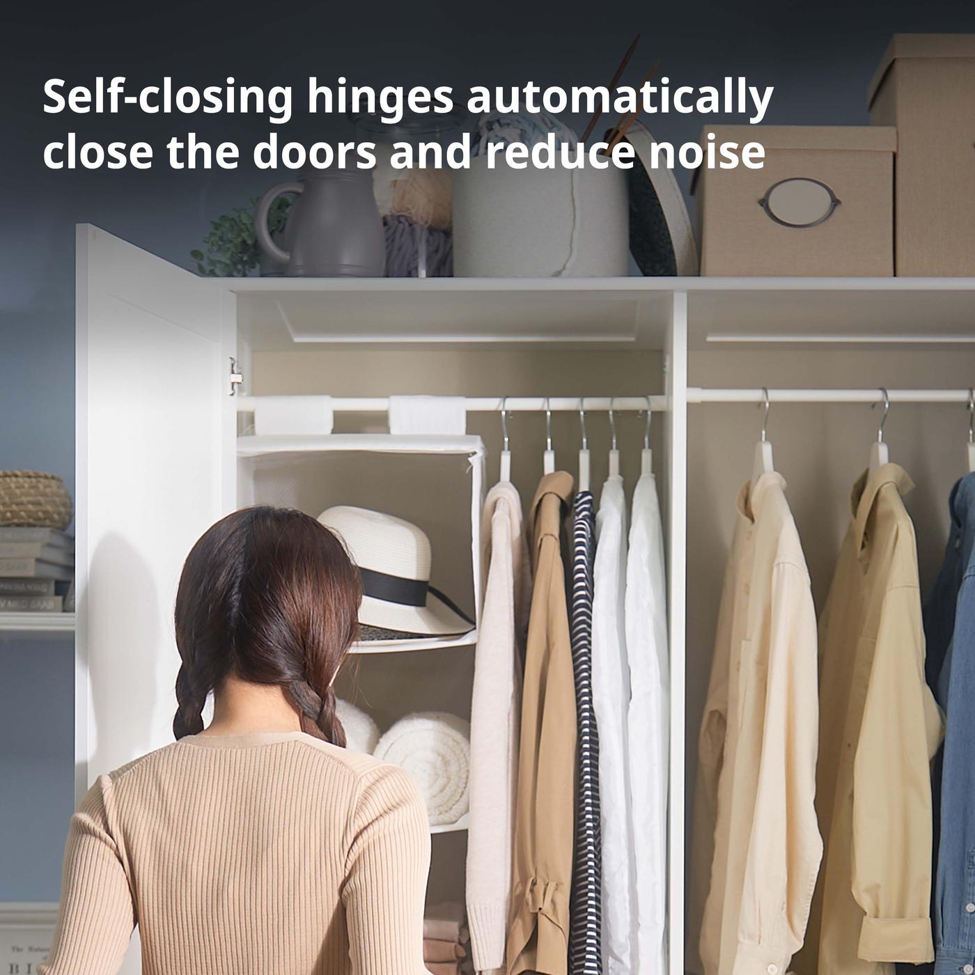 Medium shot of MUSKEN wardrobe's doors and hinges. Self-closing hinges automatically close the doors and reduce noise.