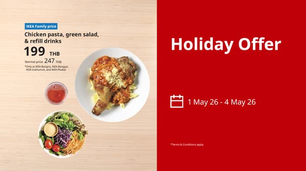 Menu EN: Chicken pasta, green salad & refill drink

MENU TH:  พาสต้าน่องไก่ สลัด และน้ำรีฟิล

Normal price:  237 THB
Family Price :   189 THB