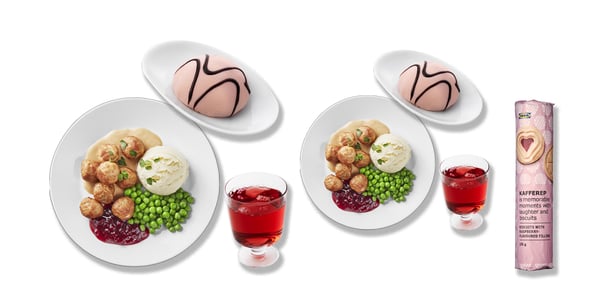 menu pro dva, masové kuličky, omáčka, bramborová kaše, princeznin dort a bezedný nápoj a malinové sušenky