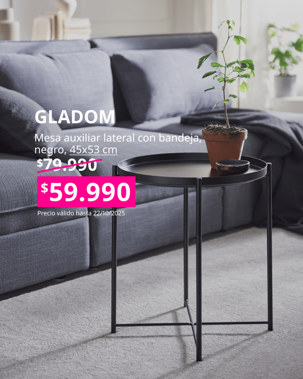 Mesa auxiliar negra redonda GLADOM con precio oferta en cuadrado fucsia.