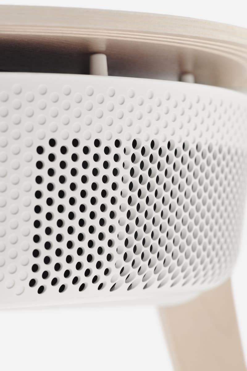 Mesa con purificador de aire STARKVIND de color blanco con café.