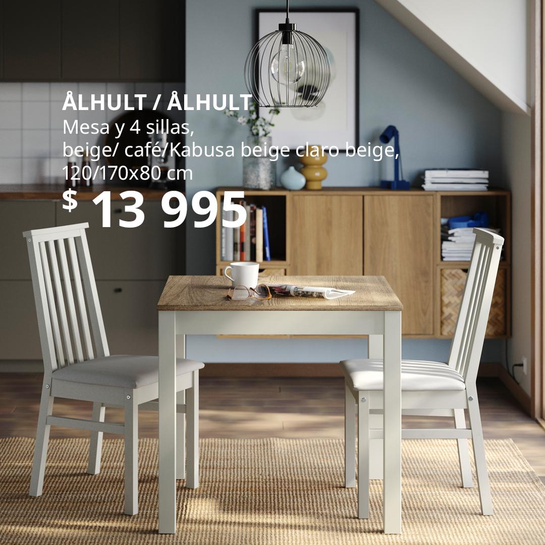 Mesa de comedor ÅLHULT con 4 sillas en acabado beige/café, diseño escandinavo minimalista y funcional, ideal para hogares modernos; superficie extensible 120/170x80 cm perfecta para optimizar espacio y estilo en comedores contemporáneos.
