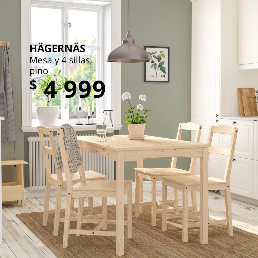 Mesa de comedor HAGERNÄS con 4 sillas de madera de pino, diseño escandinavo cálido y minimalista, ideal para comedores familiares; resistente, funcional y elegante, perfecta para hogares modernos que buscan estilo natural.
