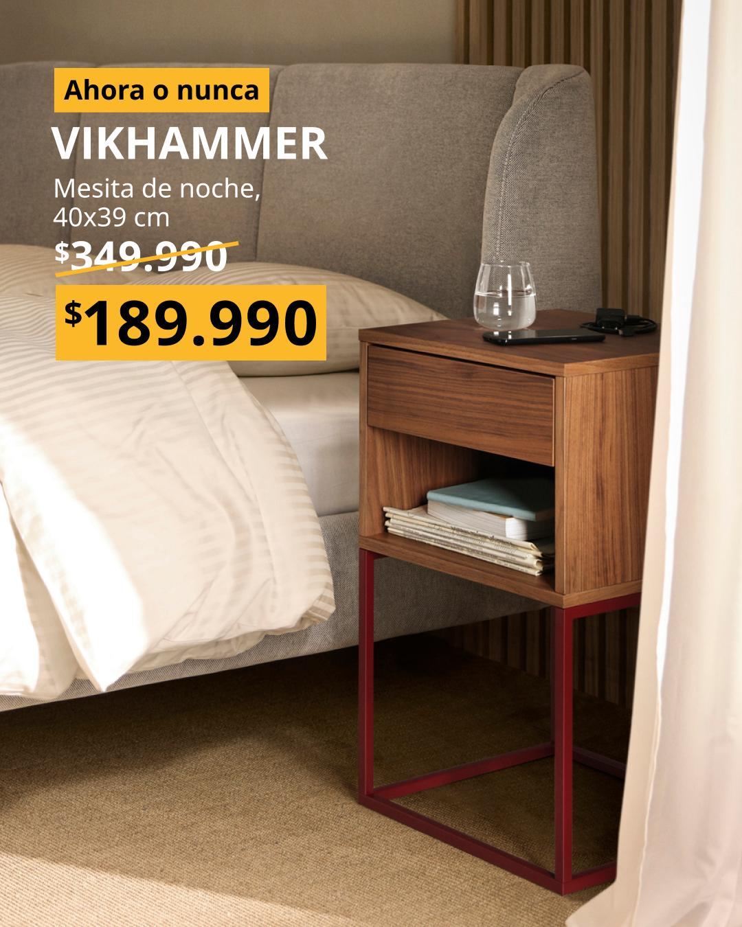 Mesa de noche VIKHAMMER con acabado en chapa de nogal, cajón integrado y diseño contemporáneo
