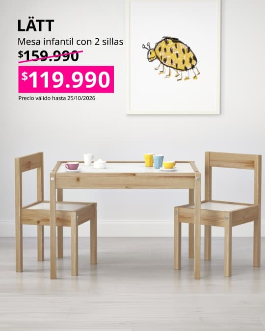 Mesa infantil LÄTT con dos sillas, en blanco y pino, diseñada para actividades y juego infantil.
