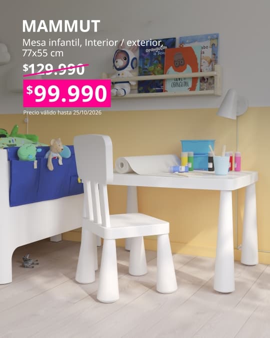 Mesa infantil MAMMUT blanca de 77x55 cm, apta para uso en interior y exterior.