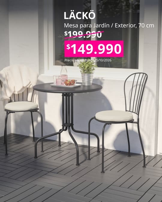 Mesa LÄCKÖ para exterior en color gris, adecuada para balcones, terrazas y pequeñas zonas al aire libre.