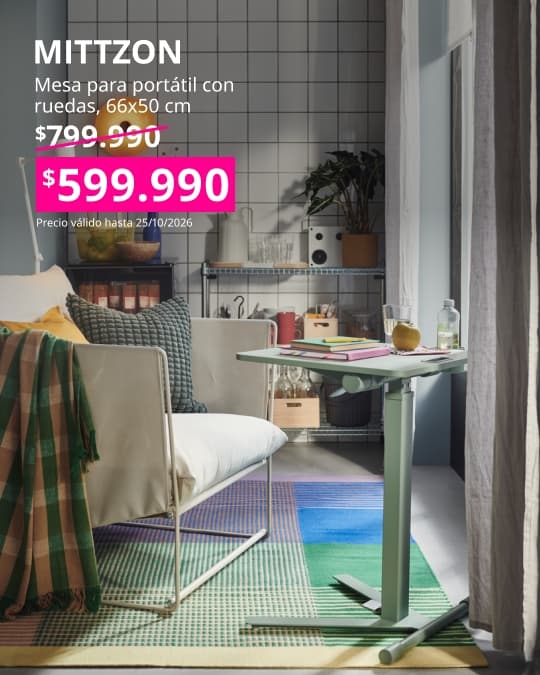 Mesa para portátil MITTZON verde con ruedas, de 66x50 cm, fácil de mover entre distintos espacios.