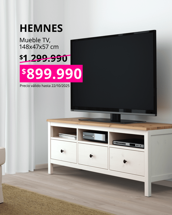 Mesa para TV blanca HEMNES con cubierta de madera.