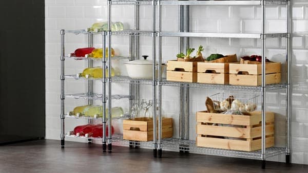 metal OMAR pantry shelves with food and beverages stored on them