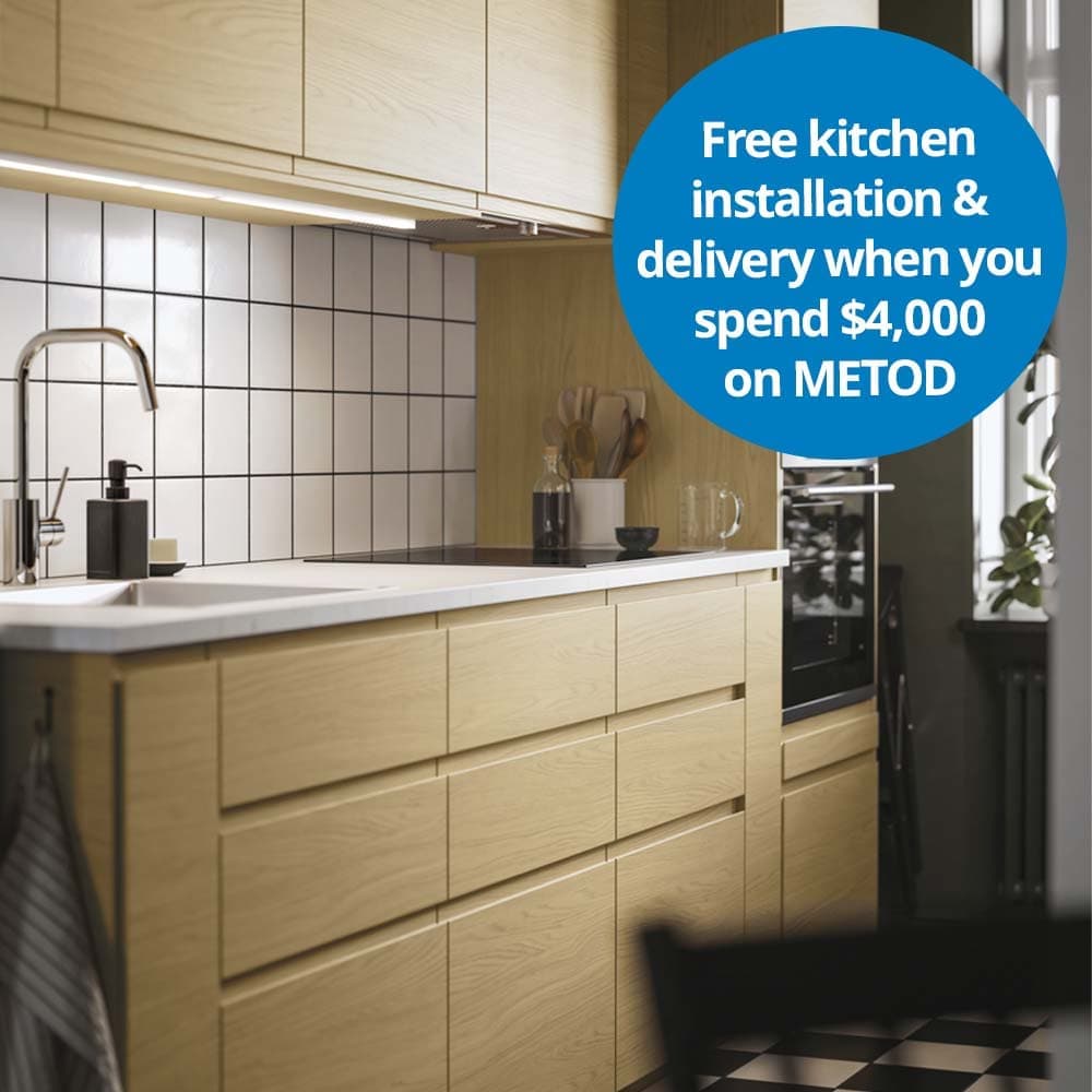 METOD kitchen with 25 year guarantee, communication on the top right.