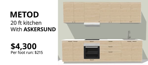 METOD kitchen with ASKERSUND light ash-effect cabinet fronts and white worktop in a straight-line layout.