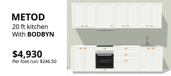 METOD kitchen with BODBYN off-white framed cabinet fronts and brass-coloured handles in a classic kitchen layout.