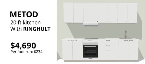 METOD kitchen with RINGHULT high-gloss white cabinet fronts in a modern straight-line kitchen design.